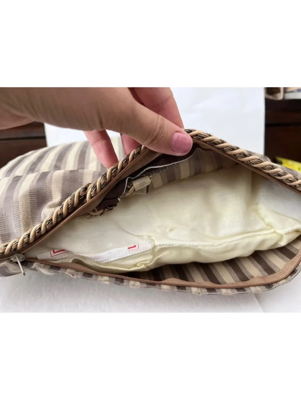 Blush Satin Stripe Double Sided Throw Pillow Rope Cording 16 x 16 Beige Brown